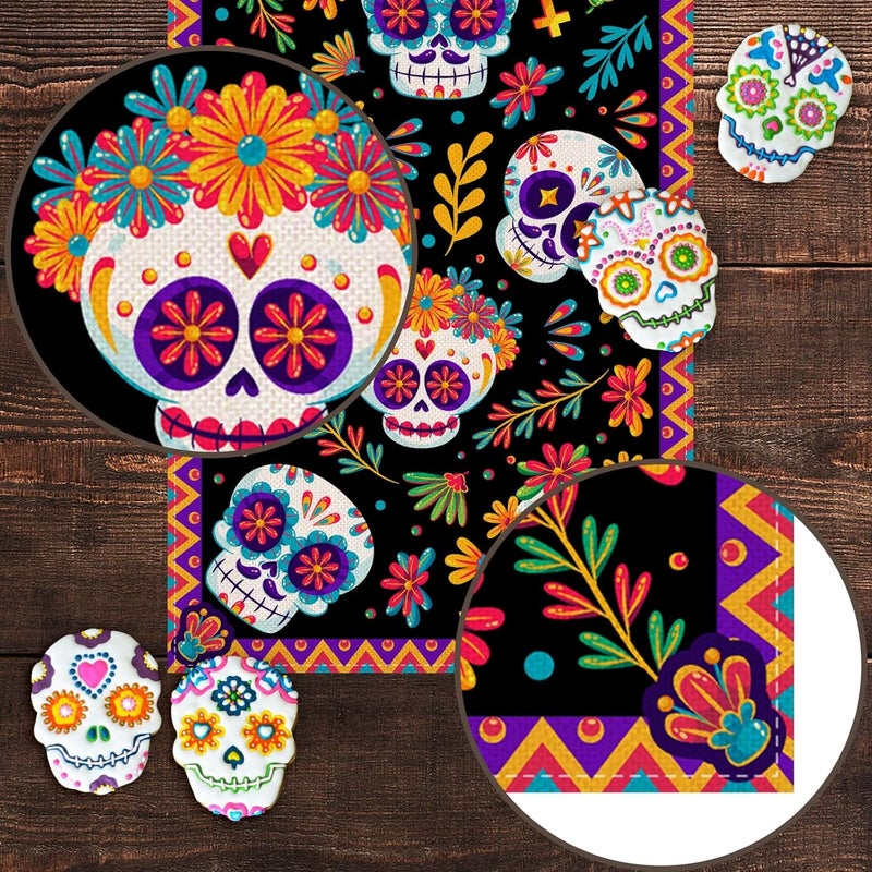 Pudodo Day of The Dead Table Runner Sugar Skull Dia De Los Muertos Mexican Festival Holiday Kitchen Dining Room Home Decoration (13" x 72") - Image 5