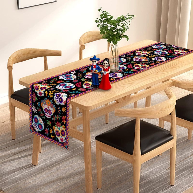Pudodo Day of The Dead Table Runner Sugar Skull Dia De Los Muertos Mexican Festival Holiday Kitchen Dining Room Home Decoration (13" x 72") - Image 3