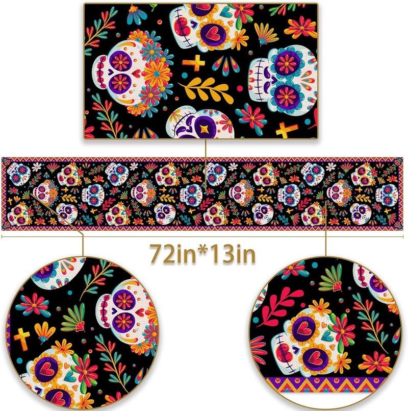 Pudodo Day of The Dead Table Runner Sugar Skull Dia De Los Muertos Mexican Festival Holiday Kitchen Dining Room Home Decoration (13" x 72") - Image 2
