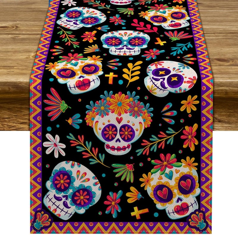 Pudodo Day of The Dead Table Runner Sugar Skull Dia De Los Muertos Mexican Festival Holiday Kitchen Dining Room Home Decoration (13" x 72") - Image 1