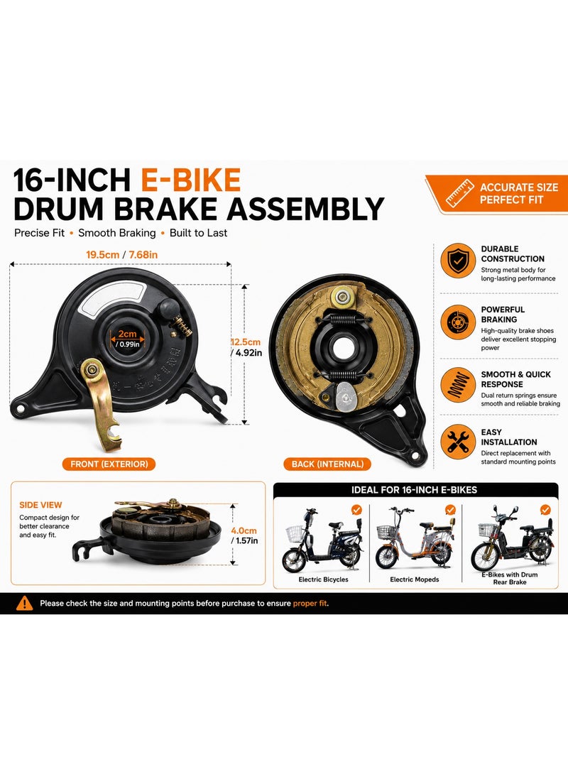 Fukukawa 16 Inch E-Bike Front Drum Brake Assembly Mechanical Brake with Brake Shoes Springs Mounting Plate for Electric Bicycle - Image 1