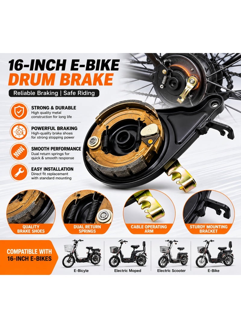 Fukukawa 16 Inch E-Bike Front Drum Brake Assembly Mechanical Brake with Brake Shoes Springs Mounting Plate for Electric Bicycle - Image 5