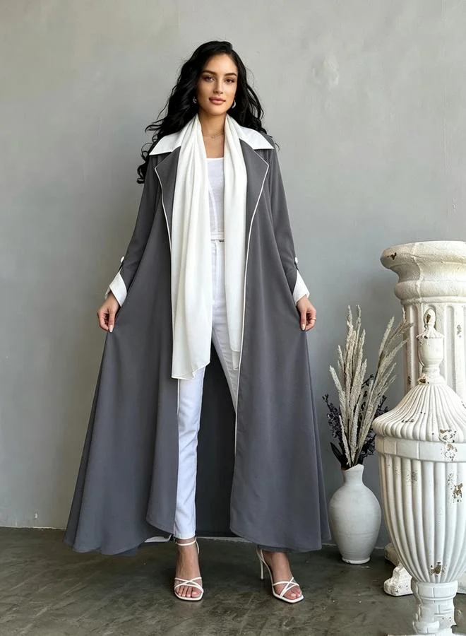 Take Two  Grey Collared Abaya with Contrast Piping for Women | Best Price UAE