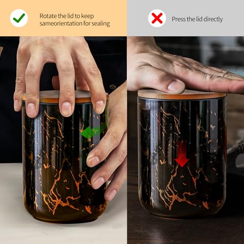 Tenforie Ceramic Canister Set with Bamboo Airtight Lids, 3-Piece Kitchen Storage Jars (48oz, 30oz, 12oz) – Black with Gold Marble Pattern, Glossy Finish, for Coffee, Sugar, Flour & More - Image 4