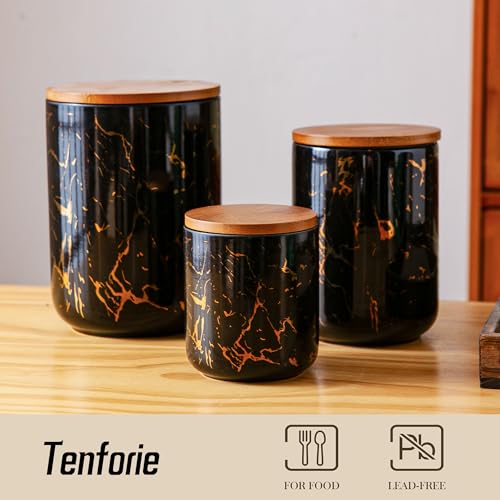 Tenforie Ceramic Canister Set with Bamboo Airtight Lids, 3-Piece Kitchen Storage Jars (48oz, 30oz, 12oz) – Black with Gold Marble Pattern, Glossy Finish, for Coffee, Sugar, Flour & More - Image 3