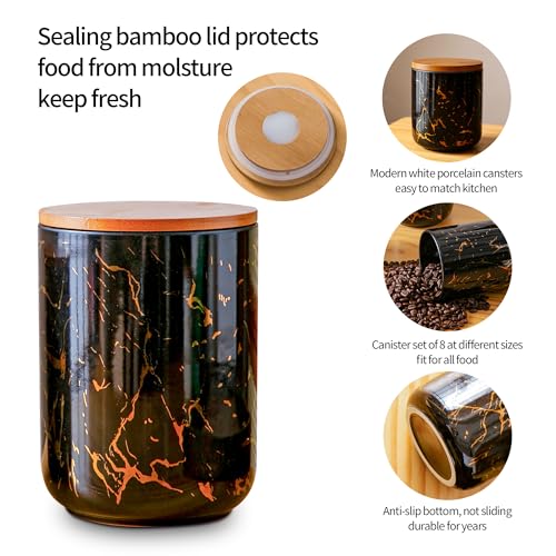 Tenforie Ceramic Canister Set with Bamboo Airtight Lids, 3-Piece Kitchen Storage Jars (48oz, 30oz, 12oz) – Black with Gold Marble Pattern, Glossy Finish, for Coffee, Sugar, Flour & More - Image 5