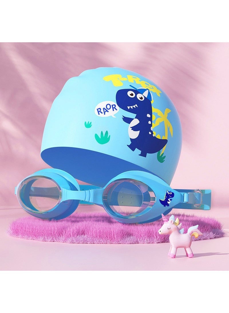 Arabest Kids Swim Goggles Waterproof Anti-Fog HD Set Tide Blue + Dinosaur Swimming Cap [with Waterproof Earplugs]-Bag
