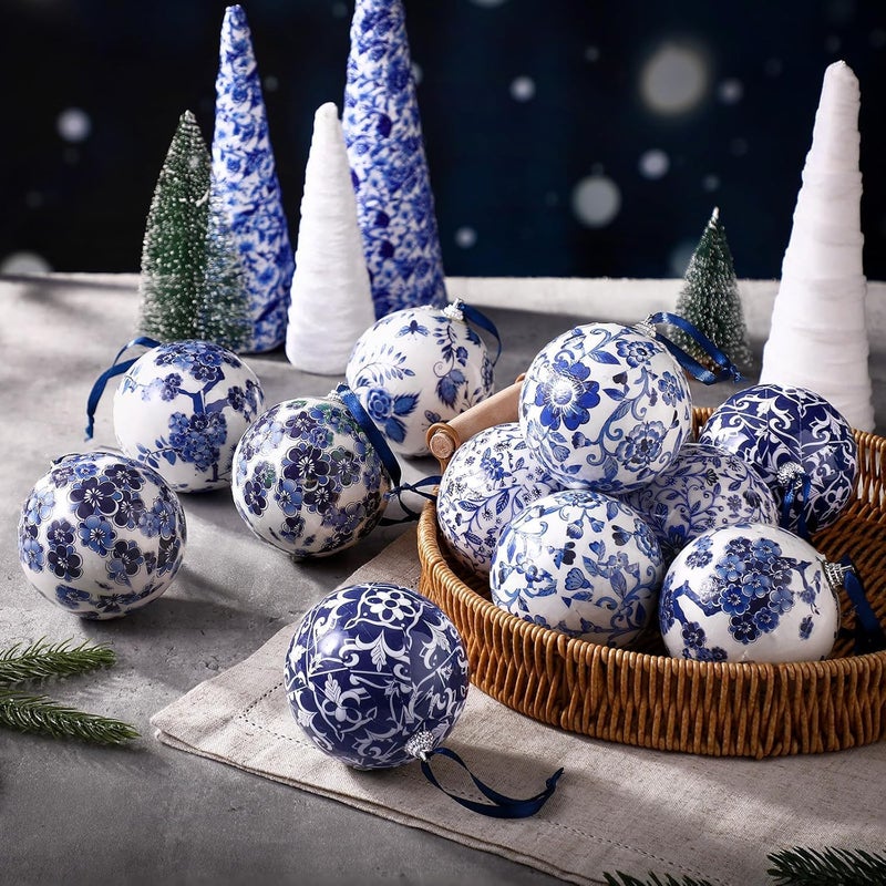 Epakh 36 عبوة 6 أنماط من المناديل الورقية الزرقاء والبيضاء لعيد الميلاد للتزيين مزينة بتصاميم زهرية متنوعة من شينويسري، مناديل كوكتيل زخرفية، ورق للتزيين لمشاريع الحرف اليدوية، ديكور الأثاث، كل واحدة مفتوحة 13 بوصة - Image 2