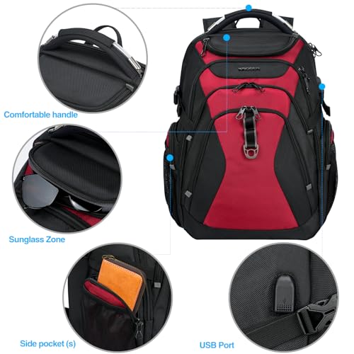 KROSER Travel Laptop Backpack 18.4 Inch XXXL Gaming Backpack with Hard Shell Saferoom RFID Pockets Water-Repellent Business College Daypack Stylish Laptop Bag for Men/Women-Black Red - Image 4