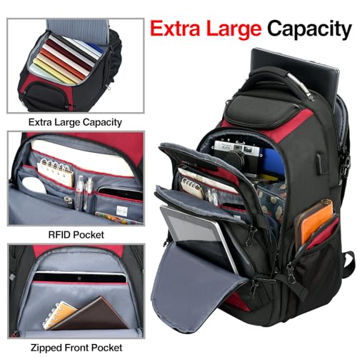 KROSER Travel Laptop Backpack 18.4 Inch XXXL Gaming Backpack with Hard Shell Saferoom RFID Pockets Water-Repellent Business College Daypack Stylish Laptop Bag for Men/Women-Black Red - Image 3