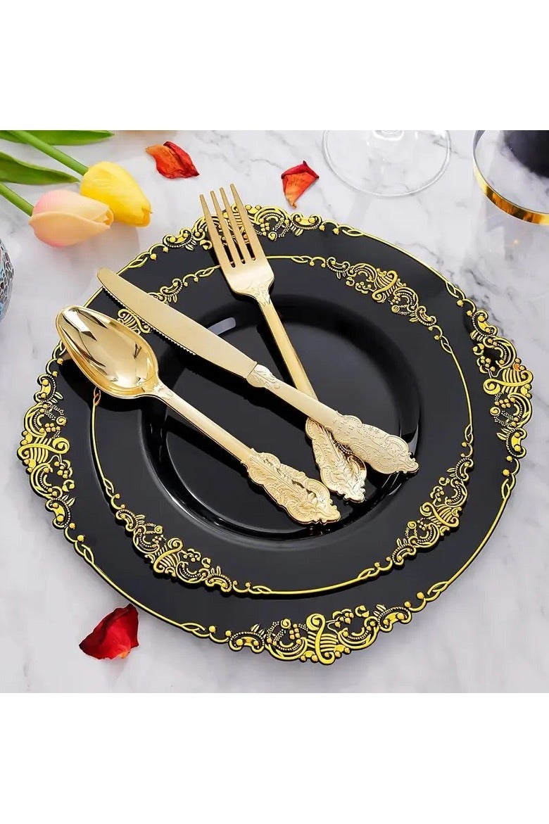 Boxwoods 125 Pcs Black and Gold Premium Quality Disposable Dinnerware Set Heavy Duty Plates Golden Cutlery For Birthday Wedding Eid And Iftar Dinner Party holiday celebrations Suitable for 25 Guests - Image 1