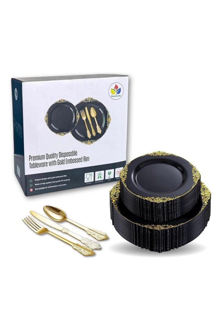 Boxwoods 125 Pcs Black and Gold Premium Quality Disposable Dinnerware Set Heavy Duty Plates Golden Cutlery For Birthday Wedding Eid And Iftar Dinner Party holiday celebrations Suitable for 25 Guests - Image 3