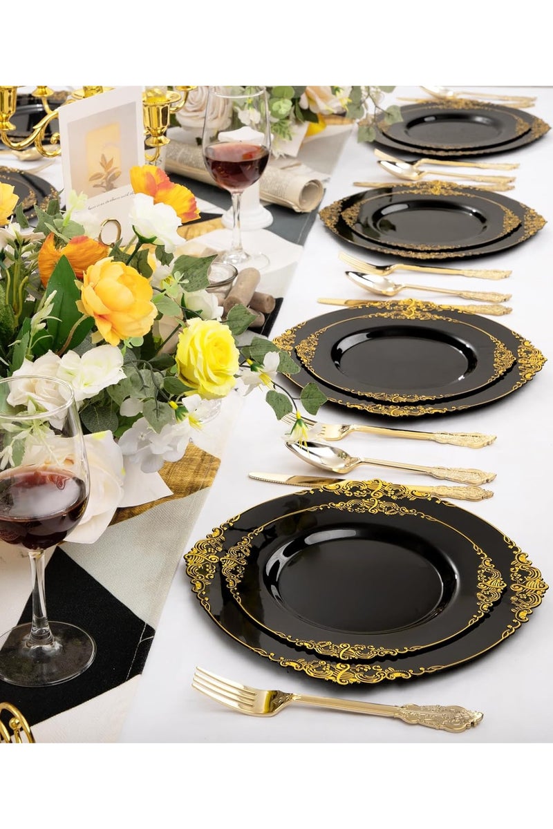 Boxwoods 125 Pcs Black and Gold Premium Quality Disposable Dinnerware Set Heavy Duty Plates Golden Cutlery For Birthday Wedding Eid And Iftar Dinner Party holiday celebrations Suitable for 25 Guests - Image 2
