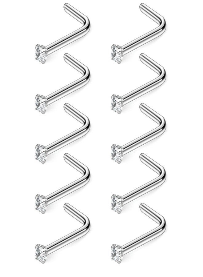 Ruifan 10PCS 18G Surgical Steel Clear Diamond CZ Nose Stud Rings L Shaped Piercing Jewelry 1.5mm - Image 1
