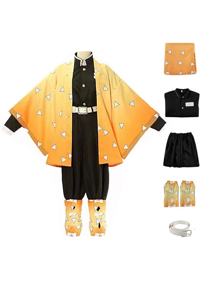 Demon Slayer Zenitsu Agatsuma Cosplay Costume Set ,Anime Role-Play Outfit, Including Outerwear, Top, Pants, Leg Bindings And Belt ,Suitable For Birthday Celebrations, Stage Performances, Theme Parties, Talent Shows, And Various Occasions ,For Adults