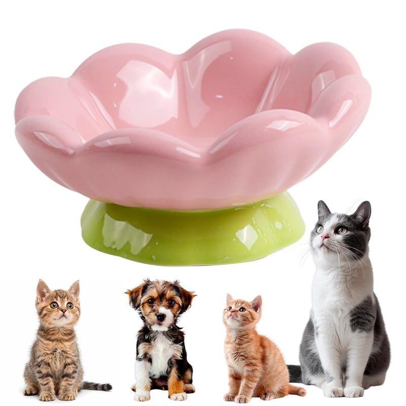 DIF DECO Ceramic Raised Cat Bowl, Pink Elevated Food Bowls for Food and Water Protecting Spine and Whisker Friendly,Tulip Shape Cute Pet Feeder Dish for Indoor Cats and Small Dogs(Height 3.3 inch) - Image 1