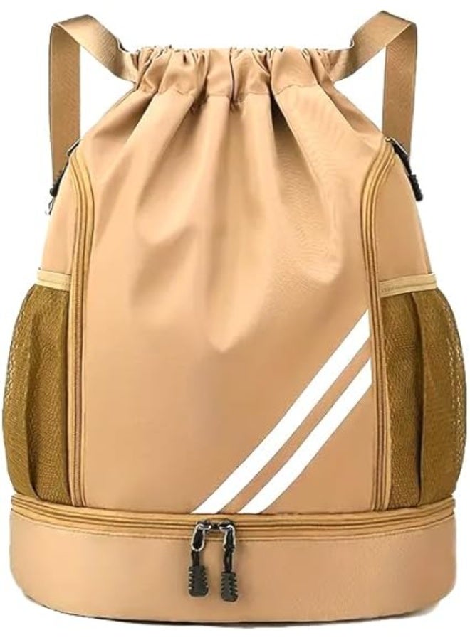 MXM Travel Sport Casual UNISEX Drawstring Backpack with Zipper, Large Capacity, Adjustable, Multiple Compts, Mesh Pocket for Gym, School, Laptop, Travels, Basketball & Football Outdoor (Khaki) - Image 1