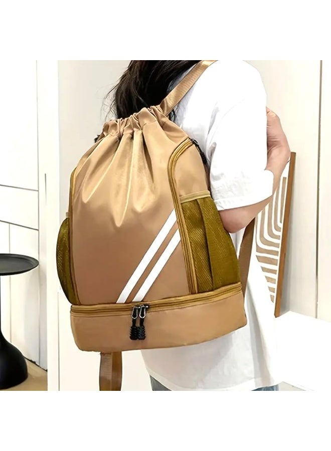 MXM Travel Sport Casual UNISEX Drawstring Backpack with Zipper, Large Capacity, Adjustable, Multiple Compts, Mesh Pocket for Gym, School, Laptop, Travels, Basketball & Football Outdoor (Khaki) - Image 3