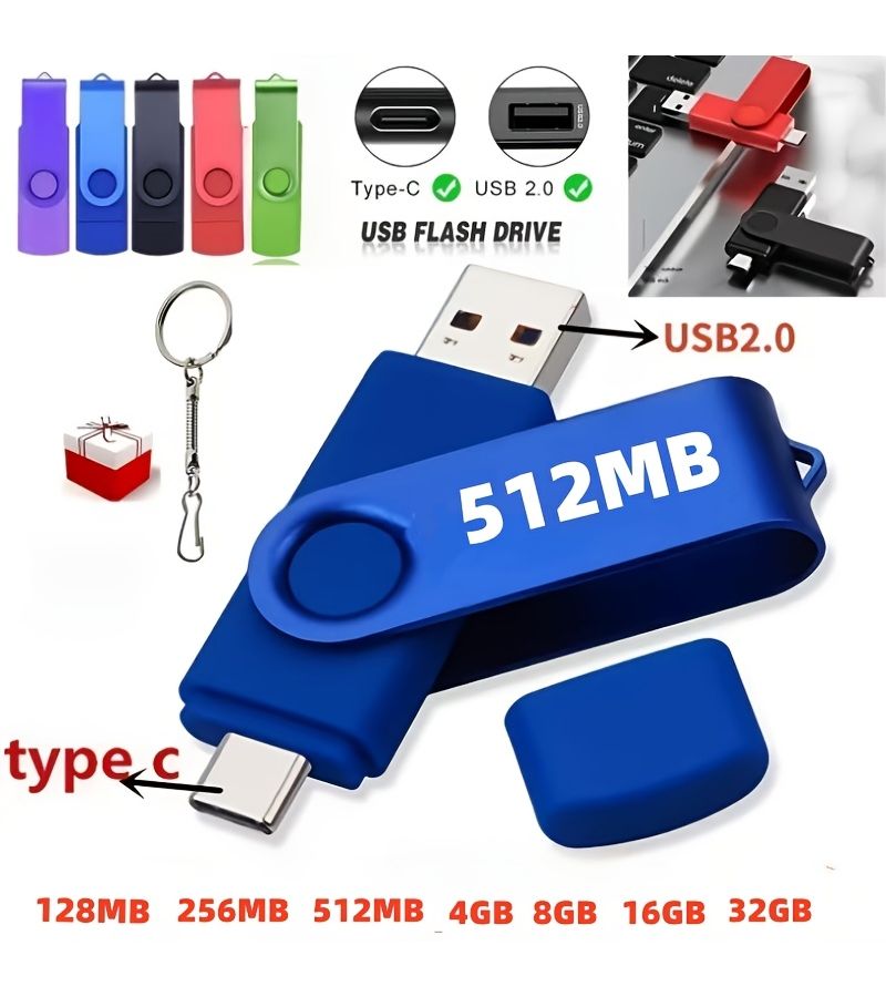 Blue 128MB 360 Degree Rotatable 2 In 1 USB Flash Drive Supports Type C And USB 2.0 For Phones Laptops And Tablets Expanding Data Photo Video Music Storage - Image 1
