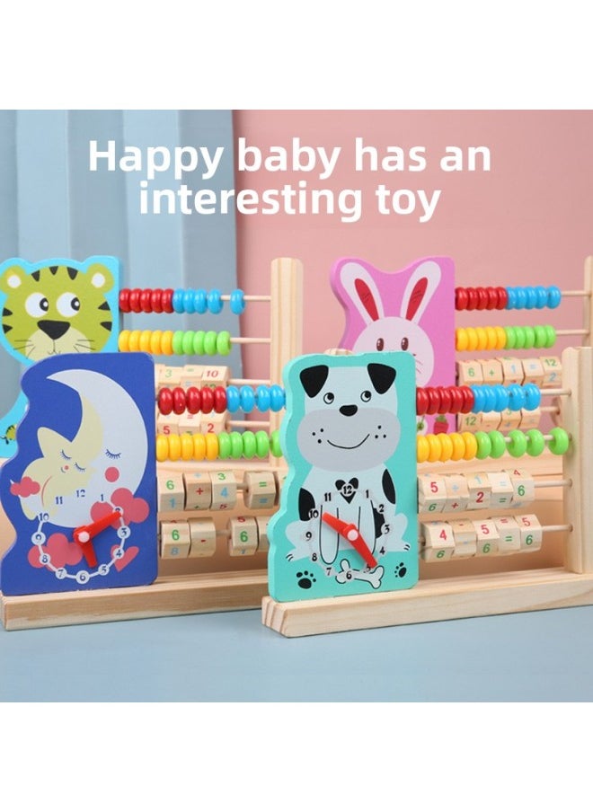 Children's Multifunctional Wooden Cartoon Animal Clock Computing Rack Early Childhood Education Educational Math Add And Subtract Computing Toys-Color:[clock Calculation Stand] Rabbit Style