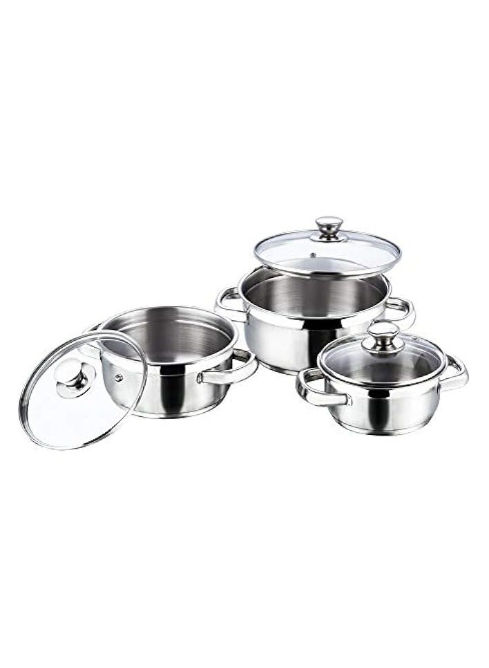 Green Tiger Stainless Steel Saucepot/Casserole/Cooking Pot/Serving Pot Set 6 Pcs-Capacity 1,1.5 & 2 Litre with 3 glass lids|2.5mm Thick Base|Riveted SturdyHandle|Induction&GasStove - Image 1