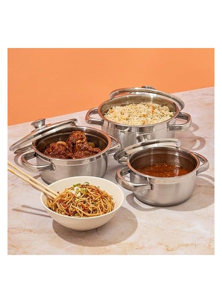 Green Tiger Stainless Steel Saucepot/Casserole/Cooking Pot/Serving Pot Set 6 Pcs-Capacity 1,1.5 & 2 Litre with 3 glass lids|2.5mm Thick Base|Riveted SturdyHandle|Induction&GasStove - Image 3