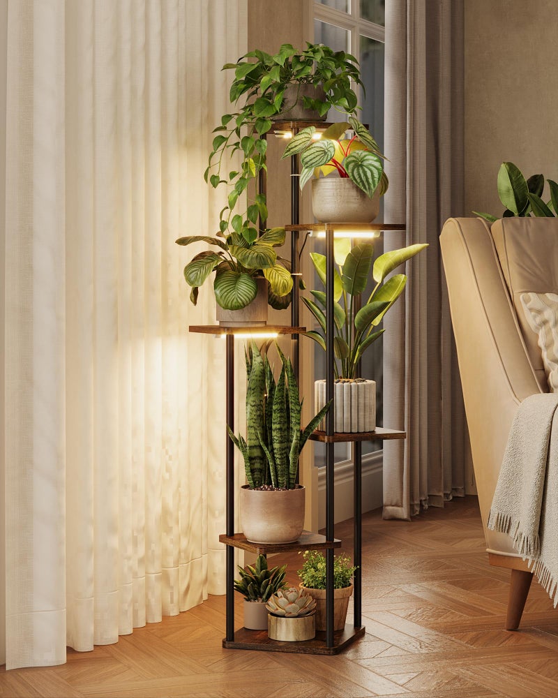 GENTINGBRO Plant Stand with Grow Light for Indoor Plants Corner Plant Stand 6 Tier Metal Plant Shelf Tall Plant Stand Plant Table Flower Stand for Living Room Bedroom Balcony Patio Brown Oak - Image 1