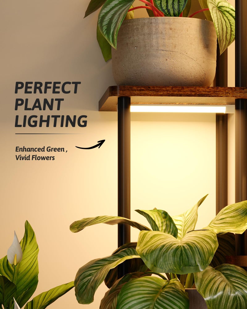 GENTINGBRO Plant Stand with Grow Light for Indoor Plants Corner Plant Stand 6 Tier Metal Plant Shelf Tall Plant Stand Plant Table Flower Stand for Living Room Bedroom Balcony Patio Brown Oak - Image 4