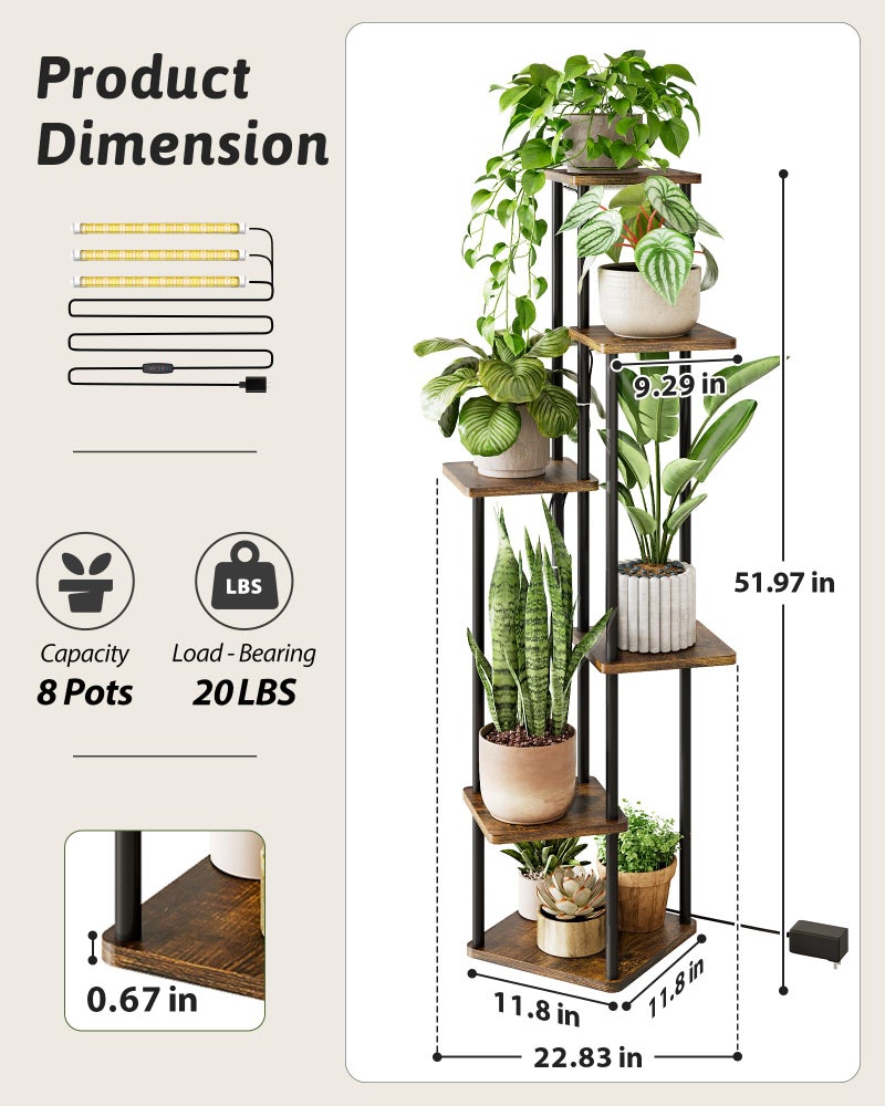 GENTINGBRO Plant Stand with Grow Light for Indoor Plants Corner Plant Stand 6 Tier Metal Plant Shelf Tall Plant Stand Plant Table Flower Stand for Living Room Bedroom Balcony Patio Brown Oak - Image 2