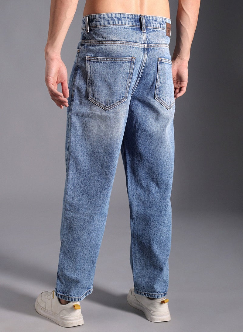 HIGH STAR Men's Indigo 100% Cotton Bleached Full Length Loose Jeans  - Image 4