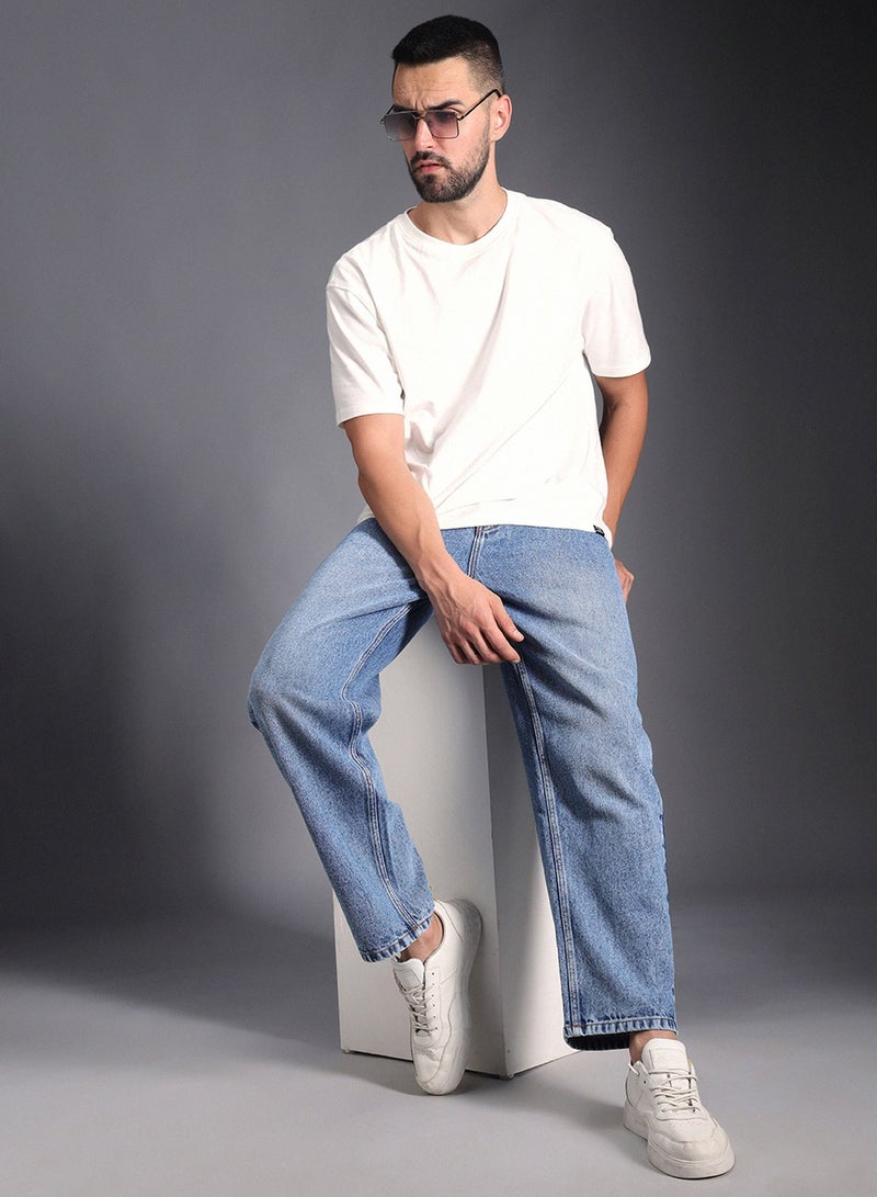 HIGH STAR Men's Indigo 100% Cotton Bleached Full Length Loose Jeans  - Image 1