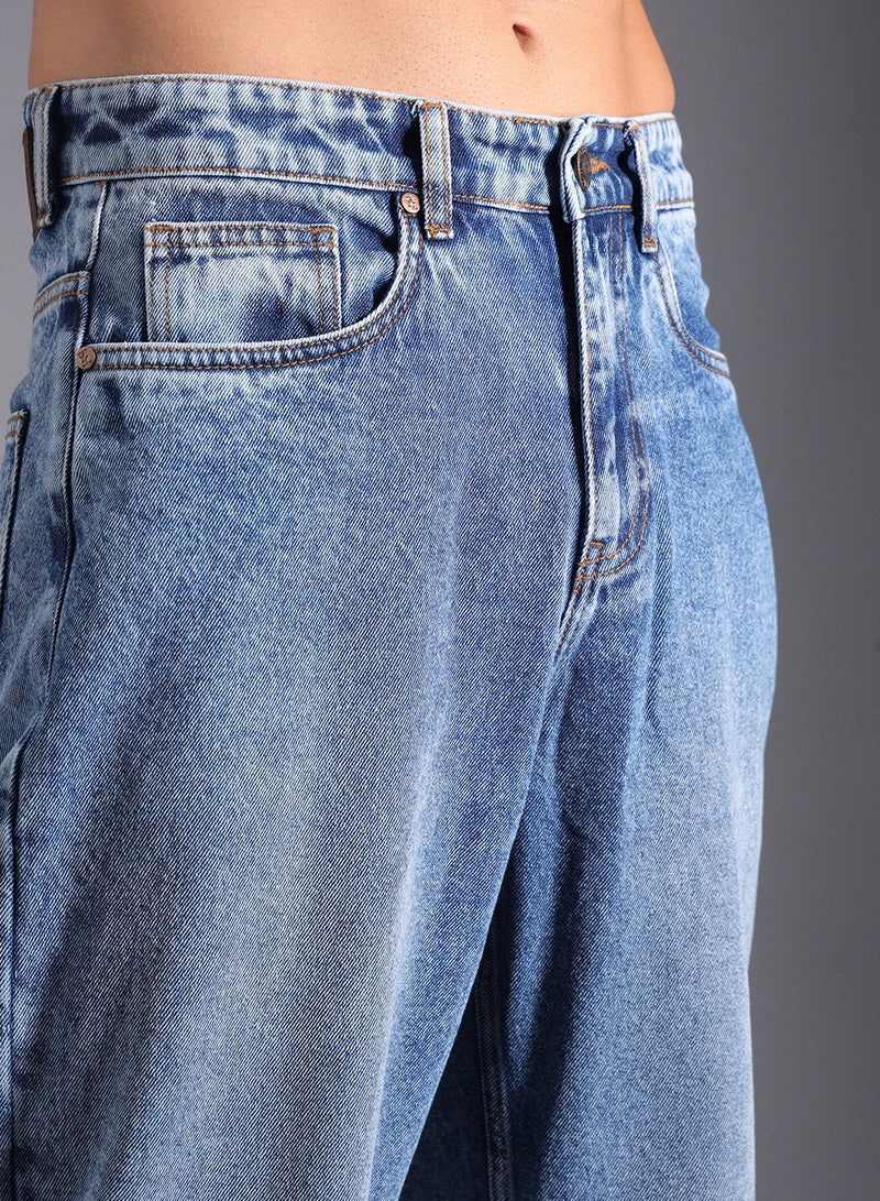 HIGH STAR Men's Indigo 100% Cotton Bleached Full Length Loose Jeans  - Image 5