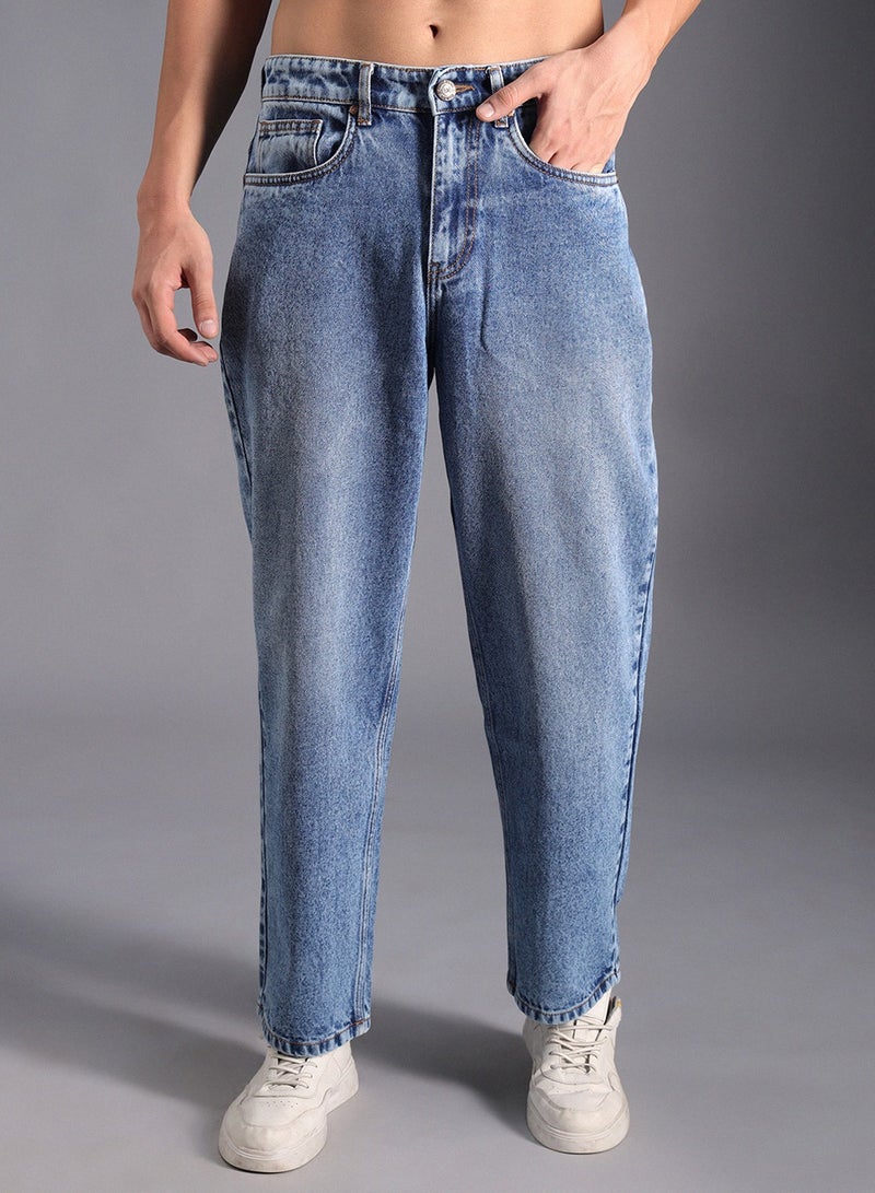 HIGH STAR Men's Indigo 100% Cotton Bleached Full Length Loose Jeans  - Image 2