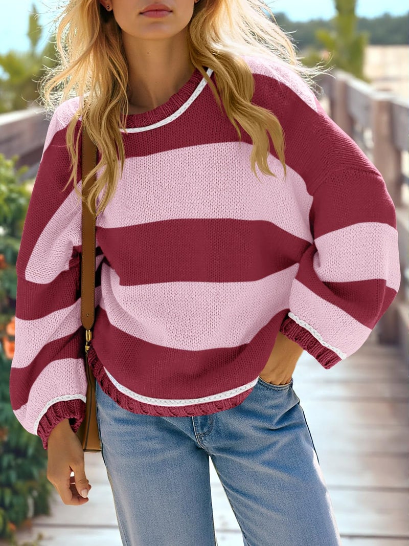 Fisoew Womens Oversized Sweaters Casual Long Sleeve Striped Color Block Crewneck Knitted Loose Fall Pullover Tops Rose Red - Image 2