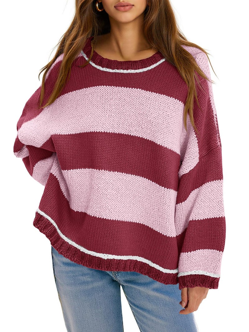Fisoew Womens Oversized Sweaters Casual Long Sleeve Striped Color Block Crewneck Knitted Loose Fall Pullover Tops Rose Red - Image 1