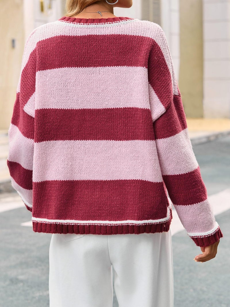 Fisoew Womens Oversized Sweaters Casual Long Sleeve Striped Color Block Crewneck Knitted Loose Fall Pullover Tops Rose Red - Image 4