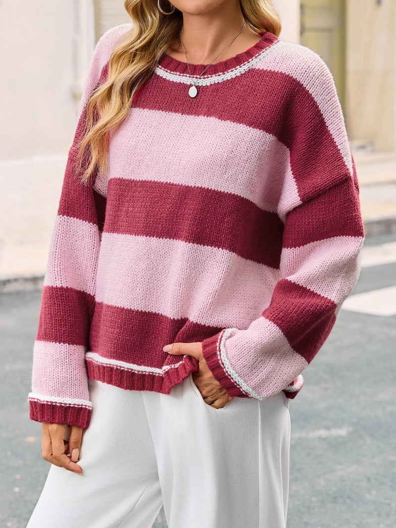 Fisoew Womens Oversized Sweaters Casual Long Sleeve Striped Color Block Crewneck Knitted Loose Fall Pullover Tops Rose Red - Image 3