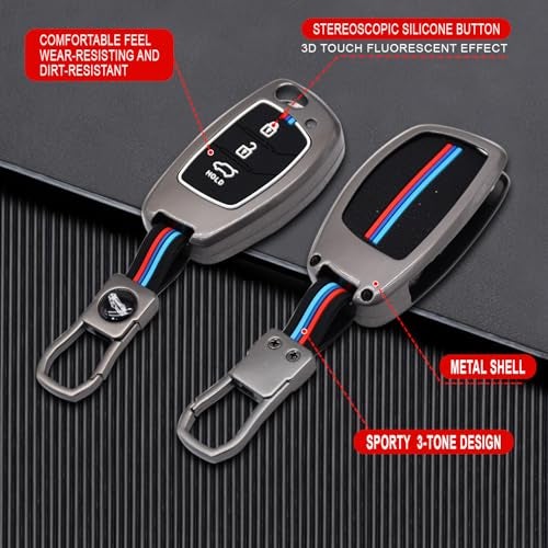 KMH Metal Shell Soft Silicone Key Cover Compatible with Hyundai Grand i10 NIOS, Venue, i20, Aura, Creta 3 Button Smart Keycover with Keychain Flip Key Shell Case Holder Protector (Metallic) Pack of 1 - Image 2