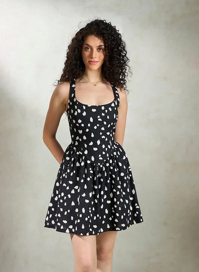 Virgio VIRGIO Linen Fit & Flare Printed Mini Dress
