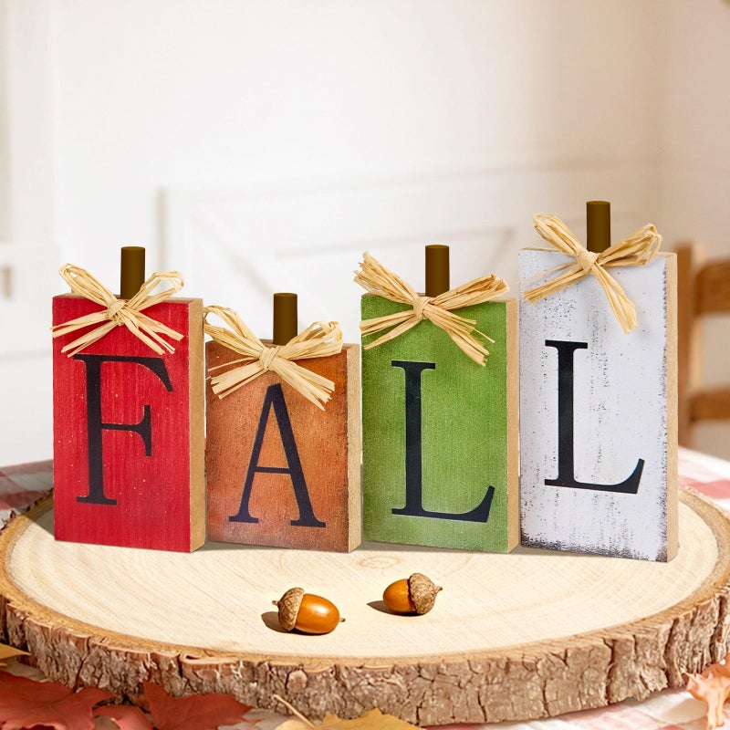 OLANRUN Fall Decorations for Home, Fall Decor - 4 Pcs Vintage Block Wooden Signs, Fall Home Decor Indoor, Autumn Decorations Harvest Signs for Table Shelf Fireplace Mantel - Image 1