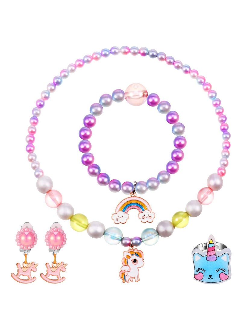 SYOSI 5 PCS Unicorn Jewelry Set for Girls Kawaii Rainbow Necklaces Bracelet Earrings and Ring for Party Supplies Princess Party Favors Craft DIY Accessories Little Girls Dress up Jewelry Sets - Image 1