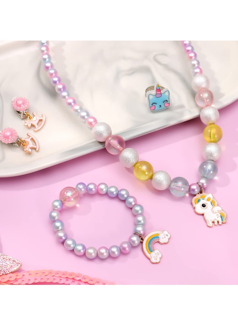 SYOSI 5 PCS Unicorn Jewelry Set for Girls Kawaii Rainbow Necklaces Bracelet Earrings and Ring for Party Supplies Princess Party Favors Craft DIY Accessories Little Girls Dress up Jewelry Sets - Image 3