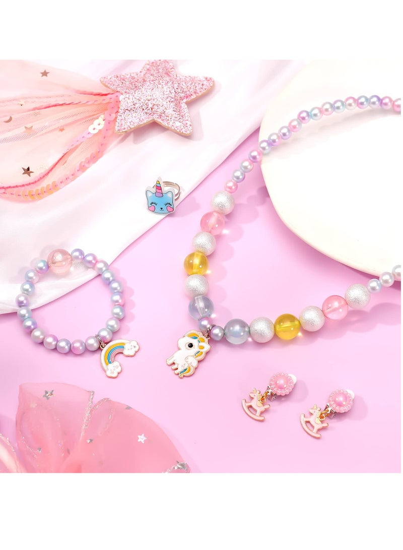 SYOSI 5 PCS Unicorn Jewelry Set for Girls Kawaii Rainbow Necklaces Bracelet Earrings and Ring for Party Supplies Princess Party Favors Craft DIY Accessories Little Girls Dress up Jewelry Sets - Image 2