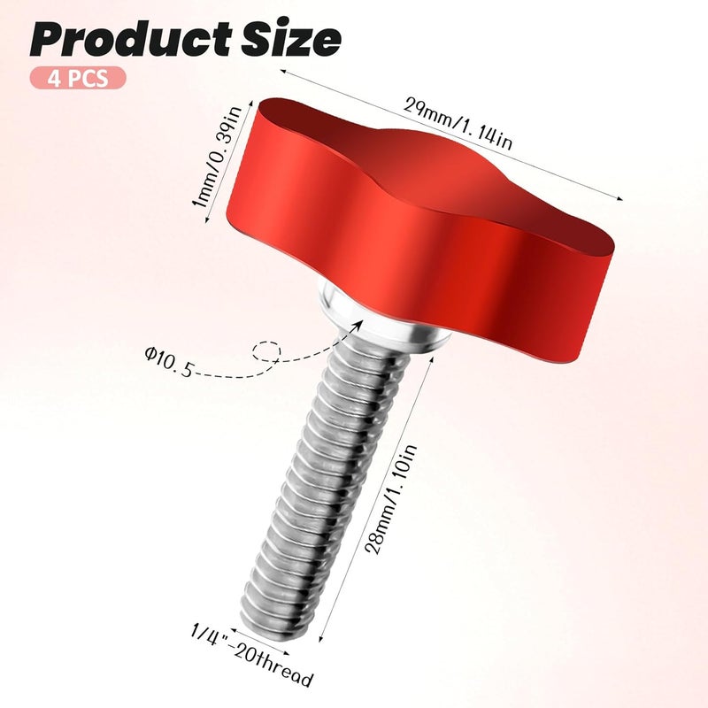 Eldraqth 4Pcs 1/4"-20 x 1 Threaded Thumb Screw, Red Adjustable Tee Wing Aluminum Knob Stainless Steel Standard/Coarse Thread - Image 2