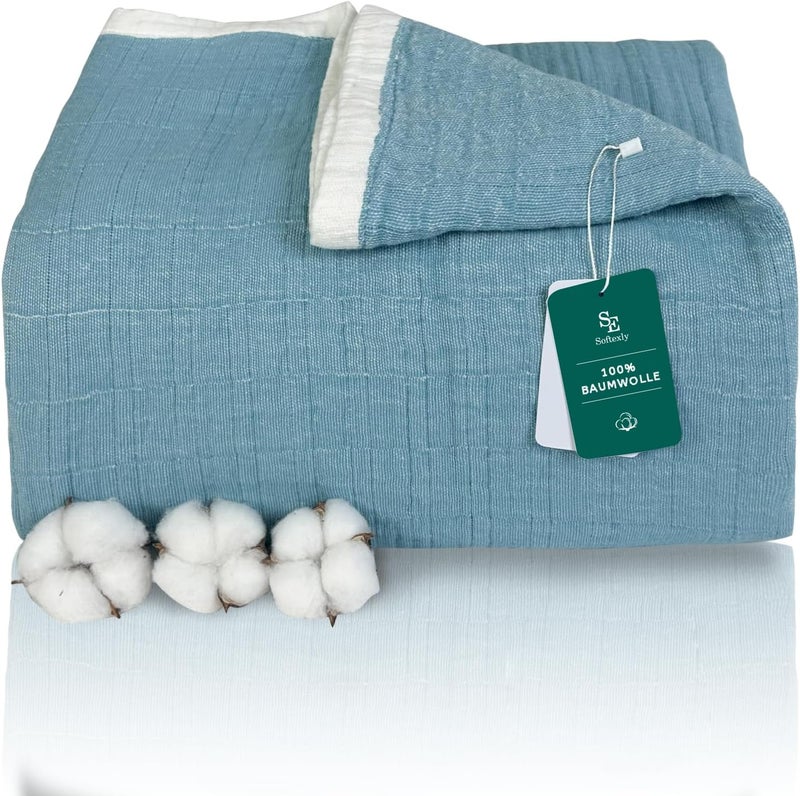 SE SOFTEXLY 100% Cotton Muslin Blanket, 4-Layer Breathable Soft Cuddly Blanket, Large Sofa Blanket for Adults, Lightweight Bedspread for All Seasons (Lake Blue, 200 x 230 cm) - Image 1