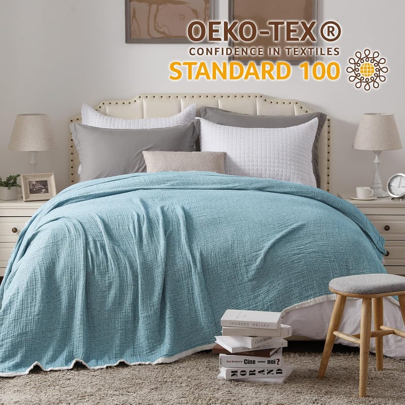 SE SOFTEXLY 100% Cotton Muslin Blanket, 4-Layer Breathable Soft Cuddly Blanket, Large Sofa Blanket for Adults, Lightweight Bedspread for All Seasons (Lake Blue, 200 x 230 cm) - Image 2