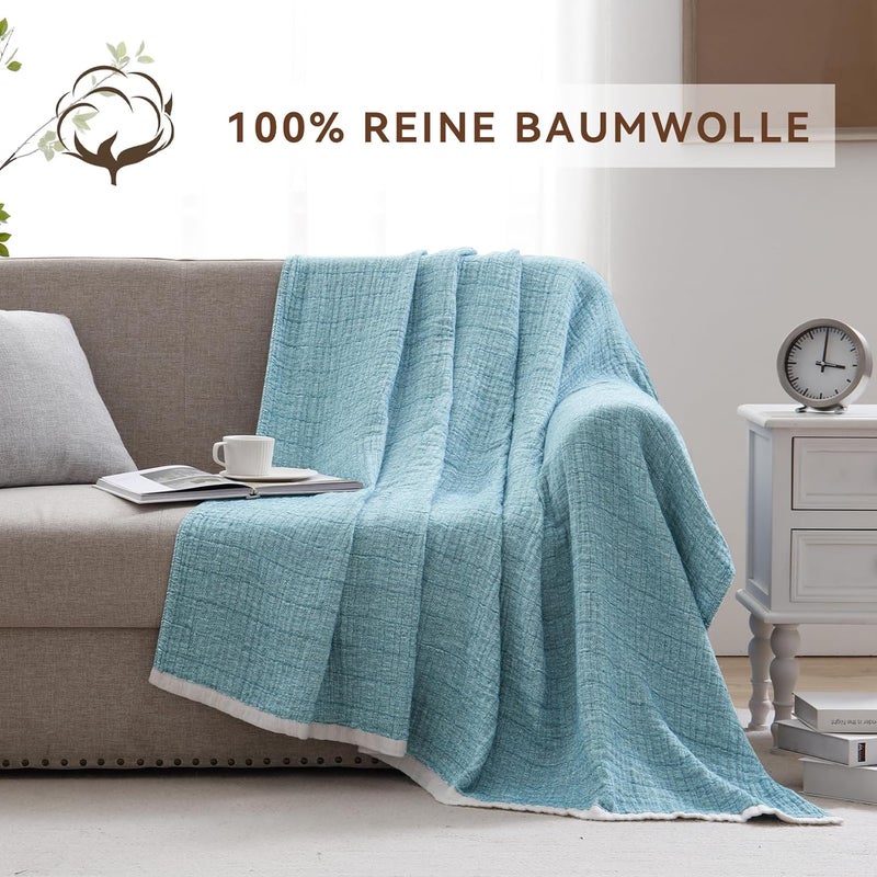 SE SOFTEXLY 100% Cotton Muslin Blanket, 4-Layer Breathable Soft Cuddly Blanket, Large Sofa Blanket for Adults, Lightweight Bedspread for All Seasons (Lake Blue, 200 x 230 cm) - Image 4