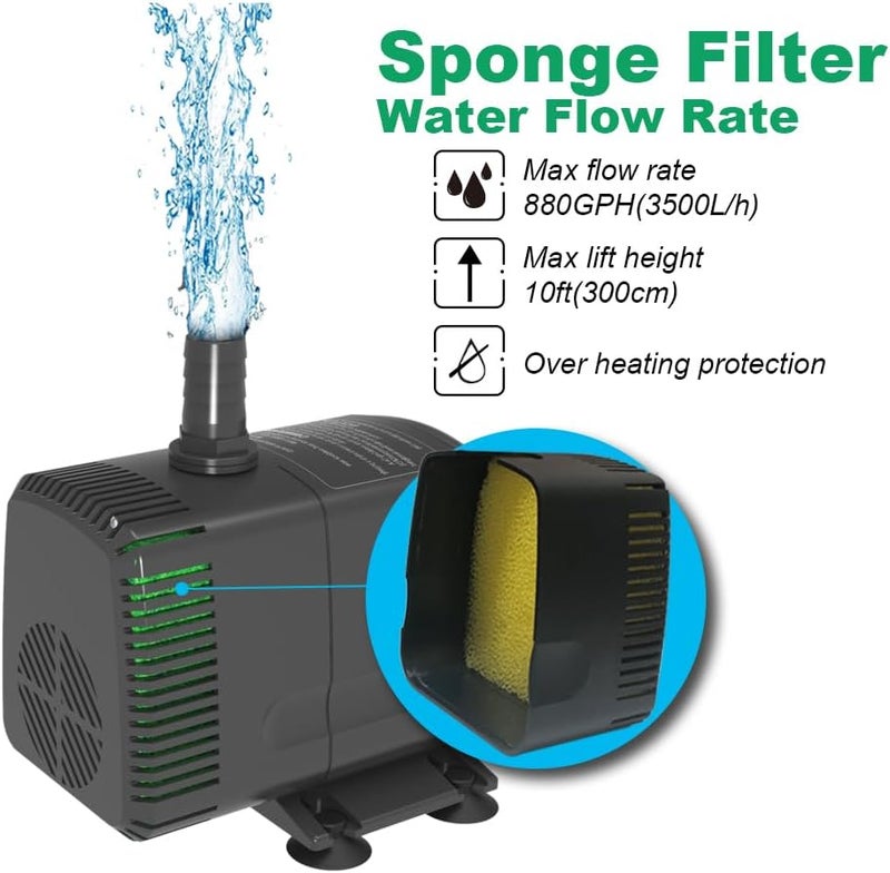 Knifel Submersible Pump 880GPH (3500L/H 60W) Ultra Quiet with Over Heating Protection 10.2ft High Lift for Fountains, Hydroponics, Ponds, Aquariums & More… - Image 2