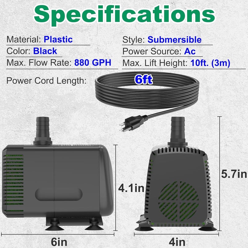 Knifel Submersible Pump 880GPH (3500L/H 60W) Ultra Quiet with Over Heating Protection 10.2ft High Lift for Fountains, Hydroponics, Ponds, Aquariums & More… - Image 5