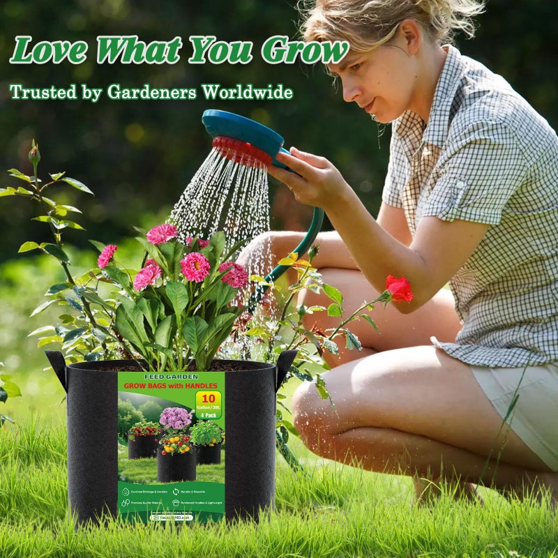 FEED GARDEN 5 Gallon Grow Bags 4 Pack â€“ 300G Thickened Fabric Plant Pots with Reinforced Handles, Breathable Drainage Planters for Vegetables, Flowers & Herbs Indoor Outdoor - Image 5